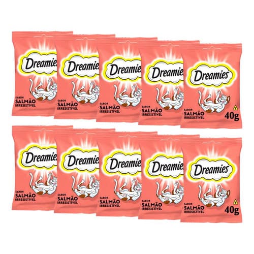 10 Petiscos Dreamies Salmão Para Gatos Adultos 40g