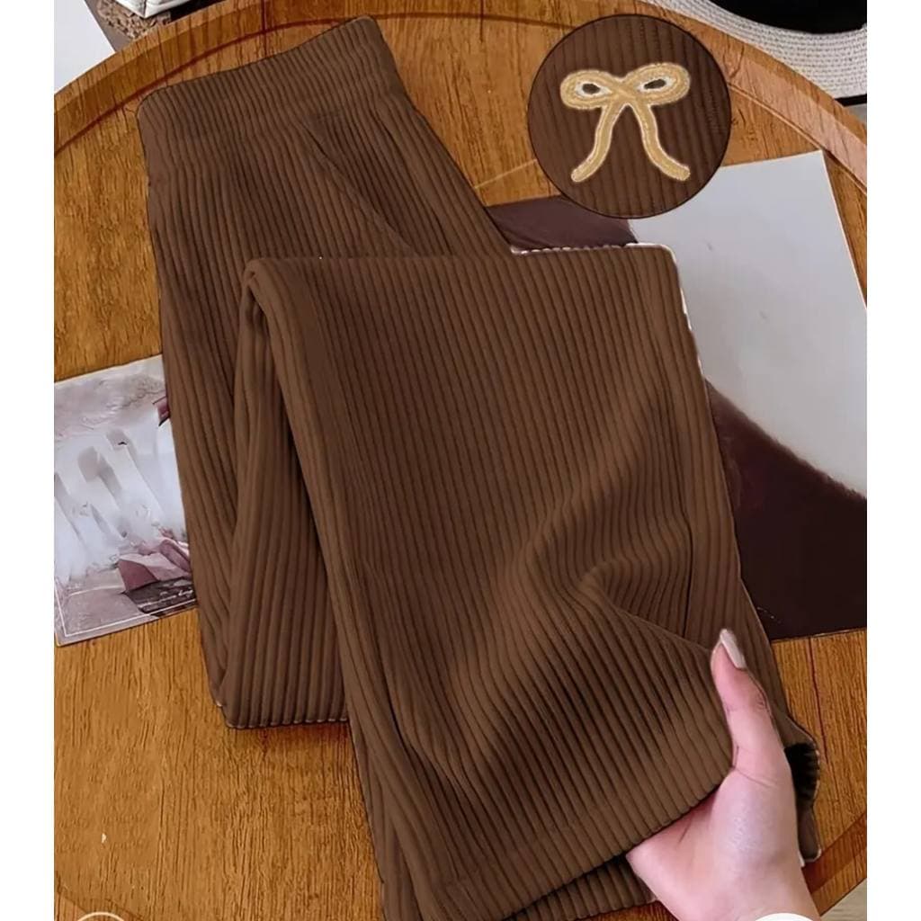 Calça Pantalona Feminino Cintura Alta Tecido Canelado