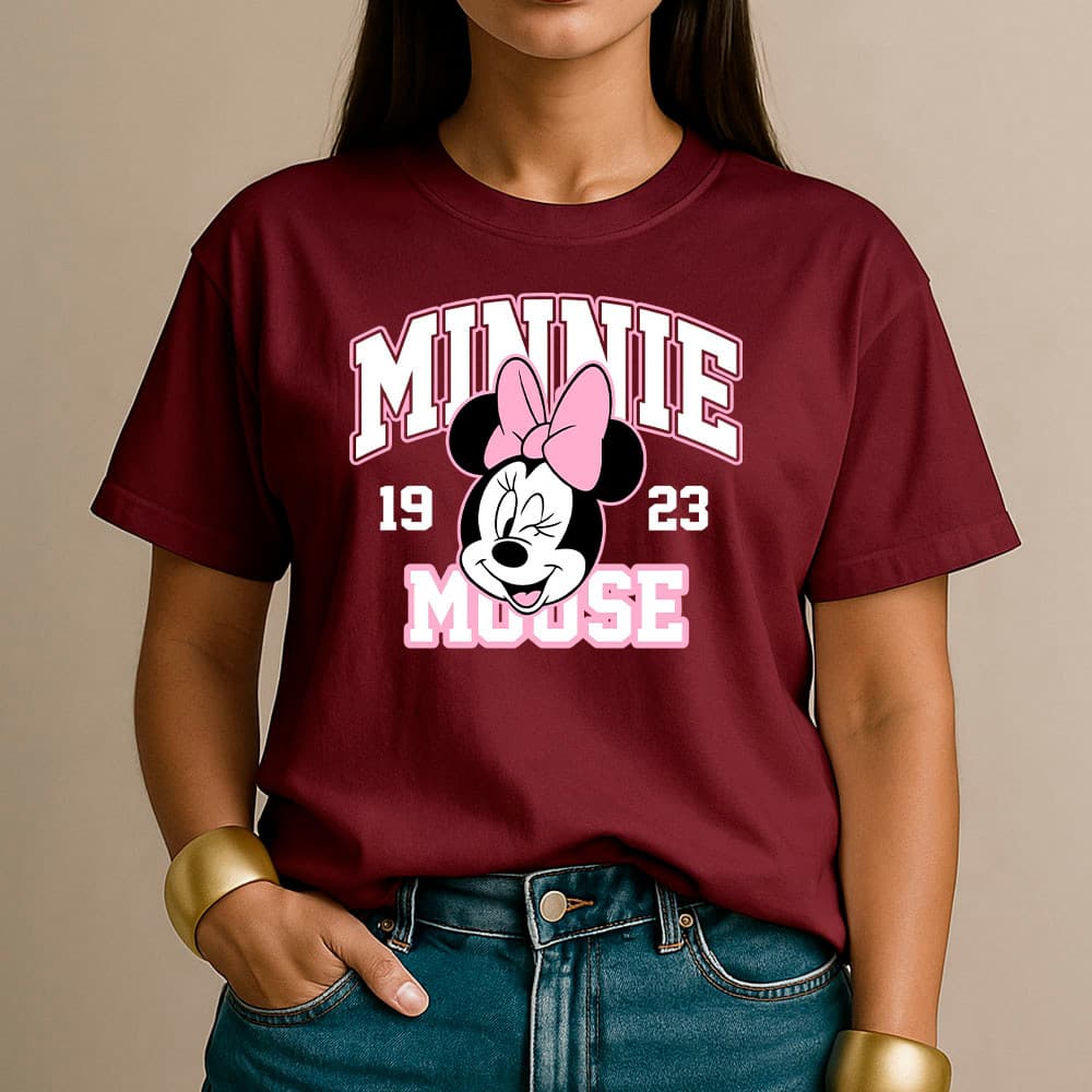 Camiseta Feminina 100% Algodão Camisa Minnie Mouse 1923 Estilo Retrô Moda Casual Streetwear Premium