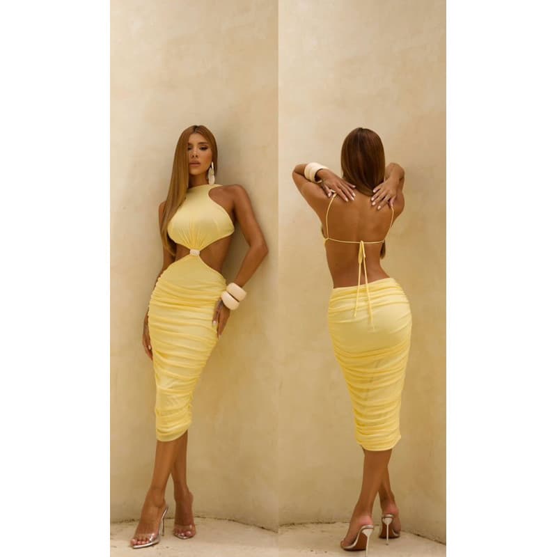 Vestido  Amarelo manteiga Tubinho  midi elegante recorte alonga modela o corpo chic poliamida verão, 2026  feminilidade