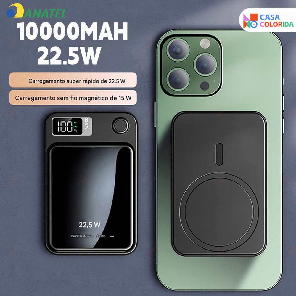 Bateria Portátil 10000mAh com Carregamento por Indução MagSafe e Tela LED, Compatível com iPhone e Android
