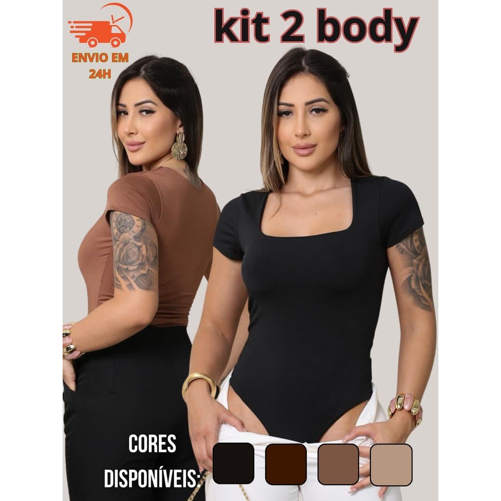 Kit 2 Body Feminino Manga Curta Suplex Decote Quadrado Básico/Forro nos Seios/Moda Verão/Tendência Premium