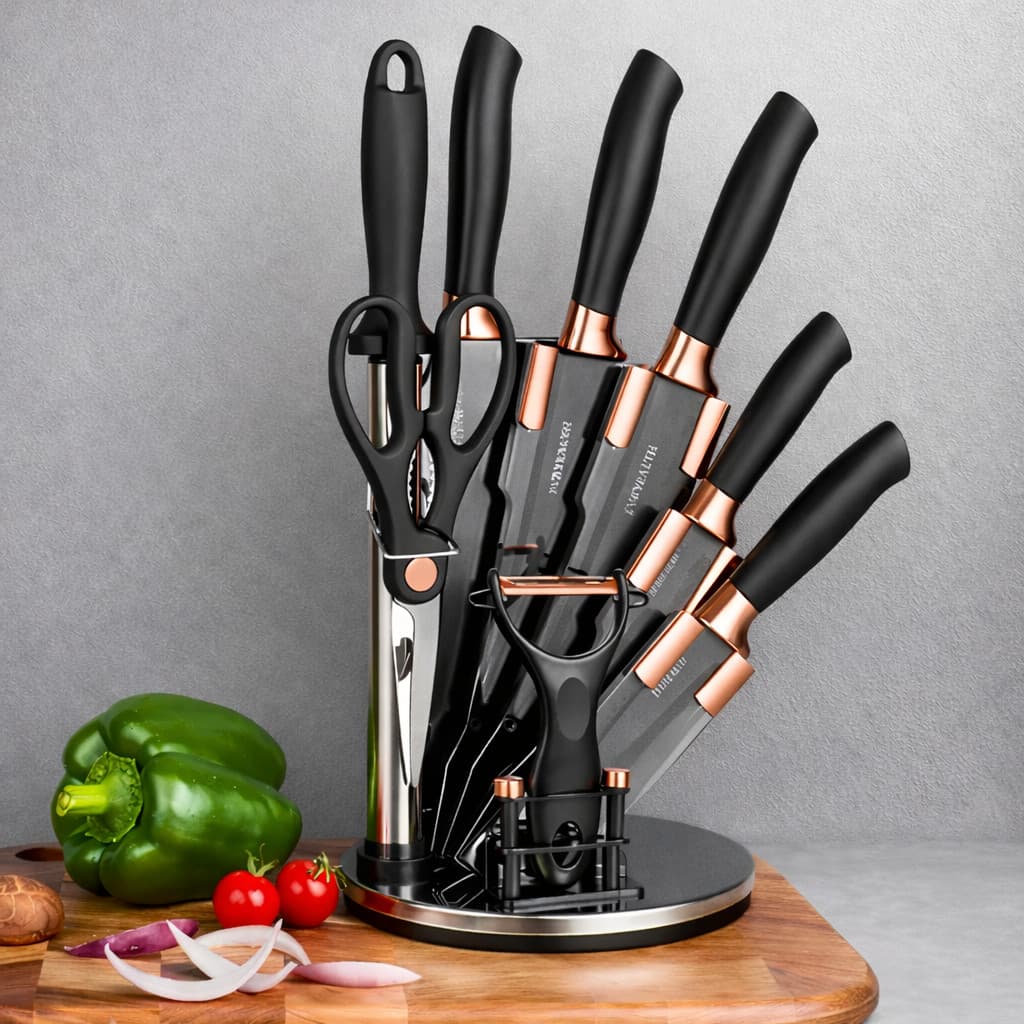 Faqueiro utensílios cozinha 9 Peças facas metal maleável encapado texturizado suporte bancada