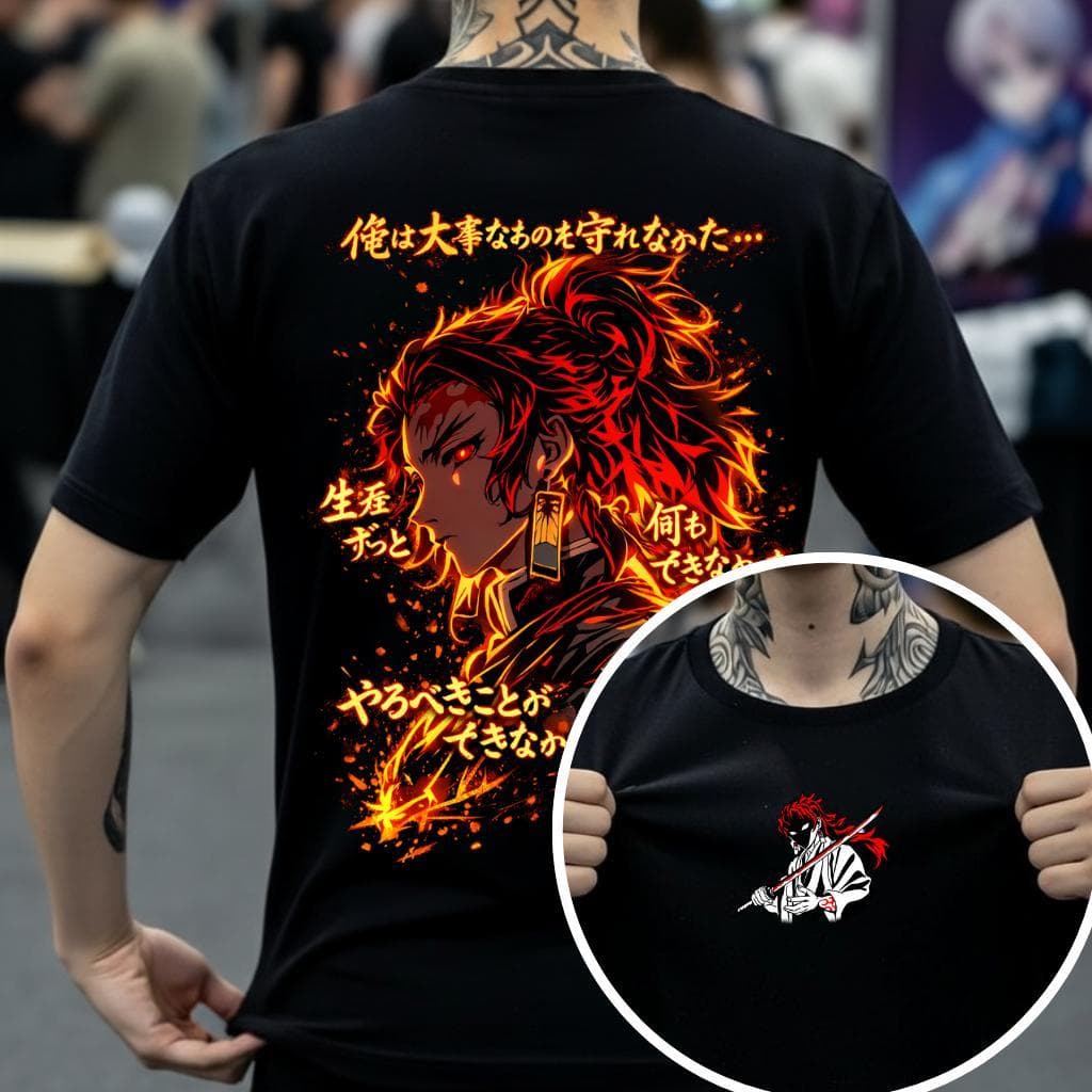Camiseta Yoriichi Tsugikuni – Respiração do Sol | Arte Neon Fire Costas + Peito
