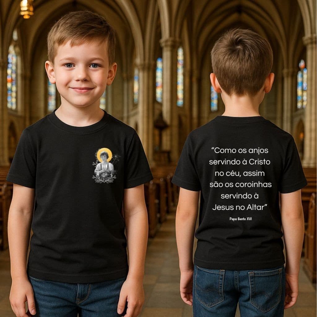01 Camiseta Coroinha Católico | São Tarcísio | Frente e Costas - Unissex - 100% Algodão - Tam 2 ao GG