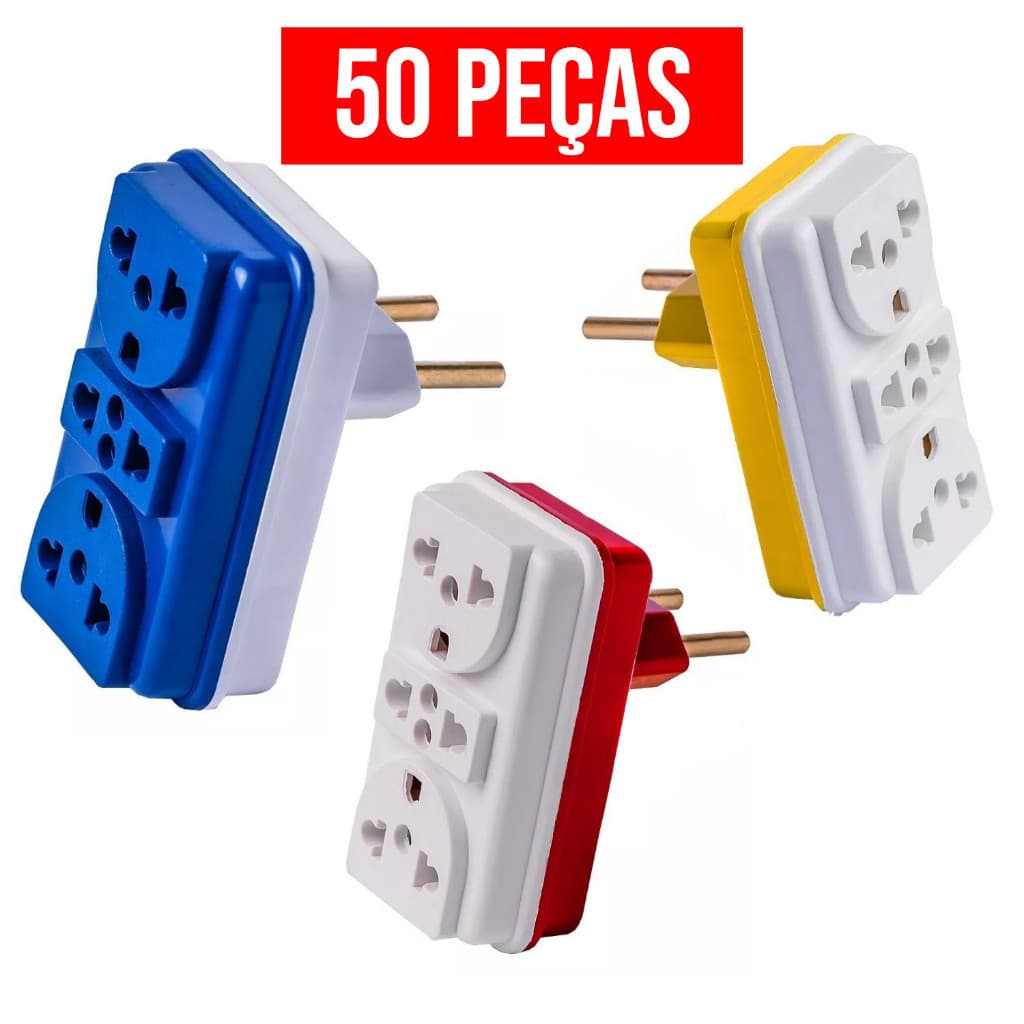 Kit 50 Adaptador de Tomada Benjamin T Colorido Universal 3 Entradas 10A 20A para Casa e Comércio
