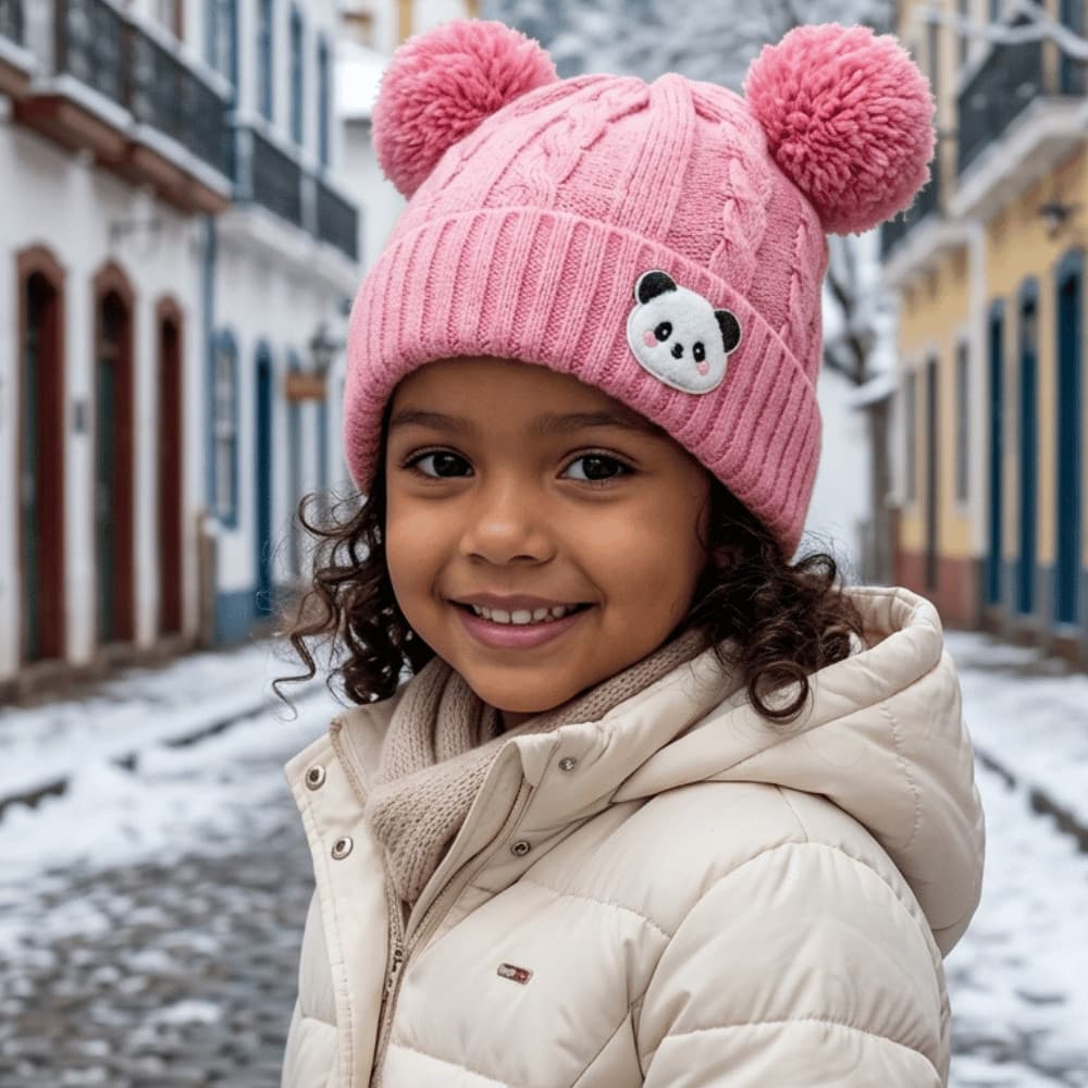 Gorro/Touca Infantil com dois pompom  liso Forrada Por  1-3anos Dentro para o inverno menino e menina moda novo