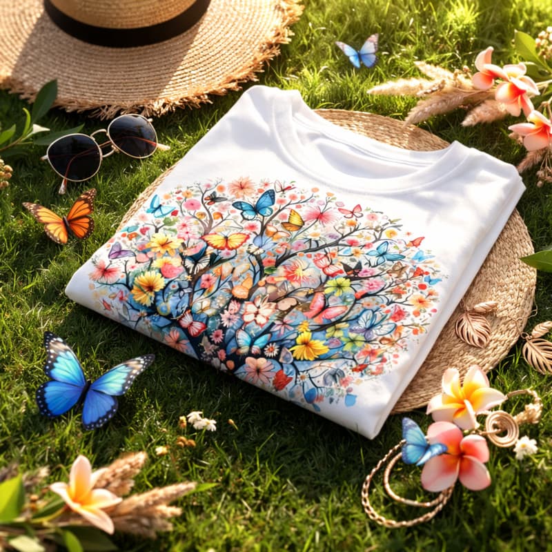 Camiseta Estampada Com Árvore De Borboletas Em 3D Romatico