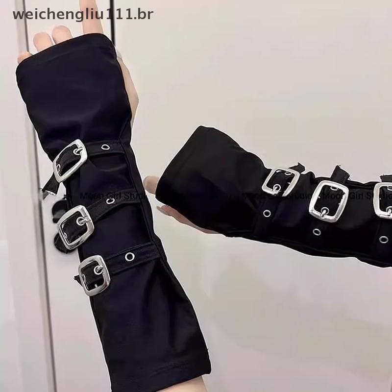 #     weicheng Y2K luvas sem dedos femininas com fivela personalizada estilo punk, mangas de braço para dança e performa