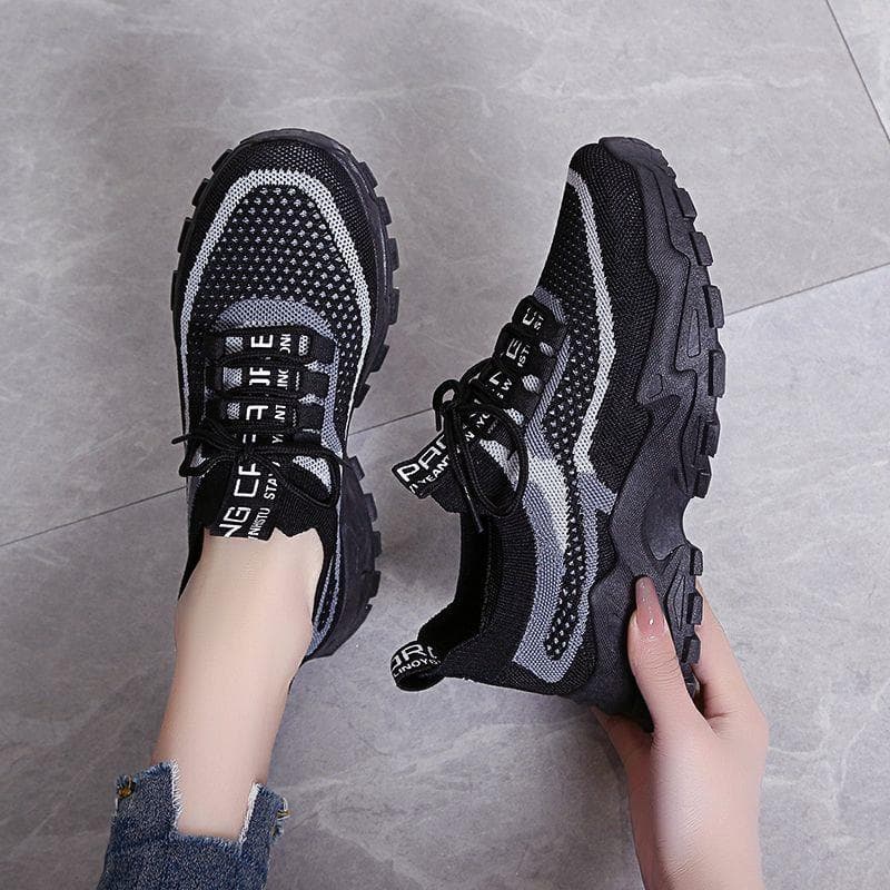 Respirável voando tecido papai sapatos femininos 2024 primavera outono novo estilo All-Match Casual de sola grossa espor