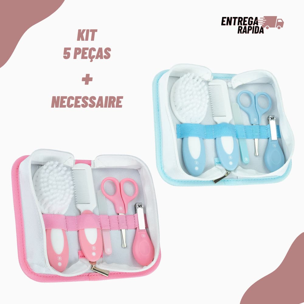 Kit Higiene Bebê Pimpolho 5 Peças com Necessaire Primeiros Cuidados do Recém Nascido Rosa ou Azul