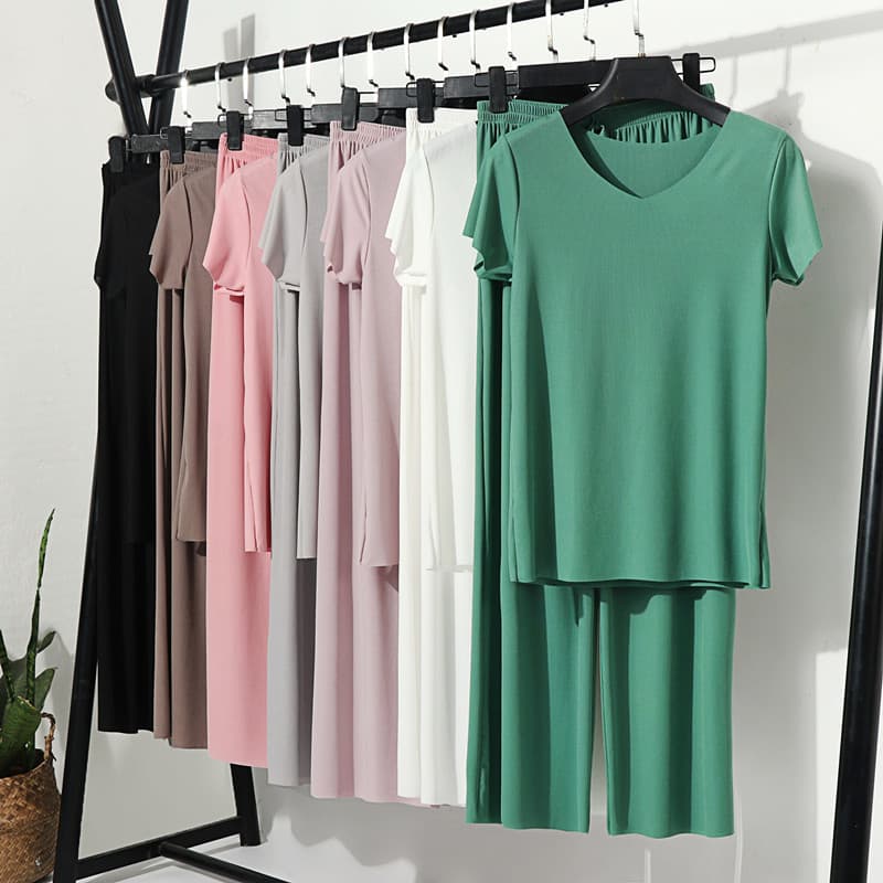 Verão gelo seda manga curta camiseta feminina com decote em v estilo fino casa pijamas terno Casual solto calças de pern