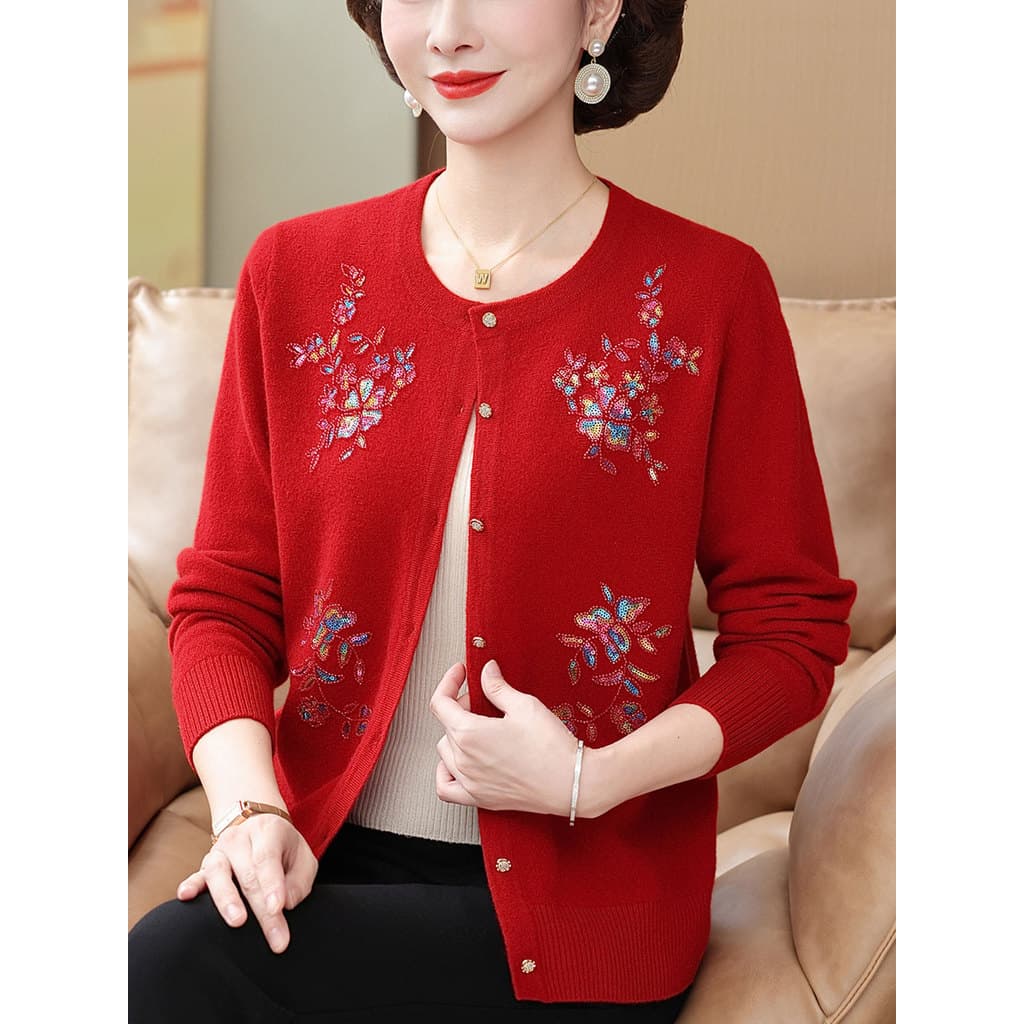 Hengyuan Xiang Suéter de caxemira pura Benming Ano Mãe Desgaste Cardigan Inverno Gola Redonda Suéter Banquete de Casamen