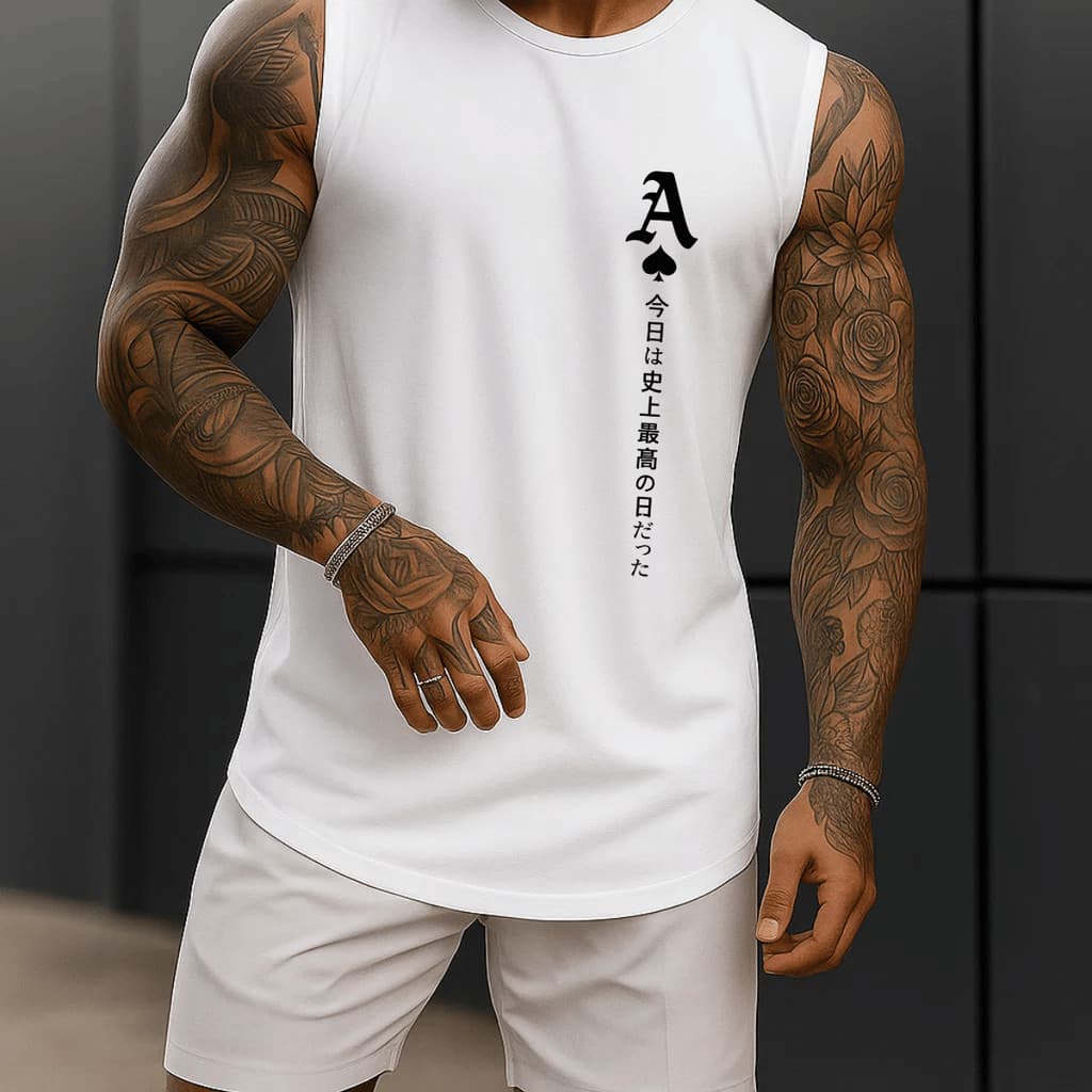 Regata Masculina Academia Algodão 100% Estampada Letras Japonesa Premium Treino Fitness Casual Streetwear Verão