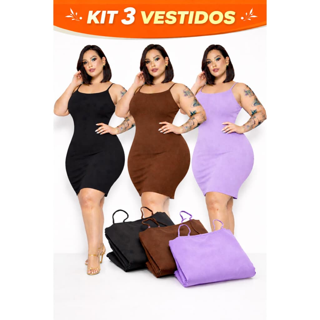 Kit 3 Vestidos Plus Size Feminino Midi Canelado Roupas Midsize Tamanho 48 Ao 58