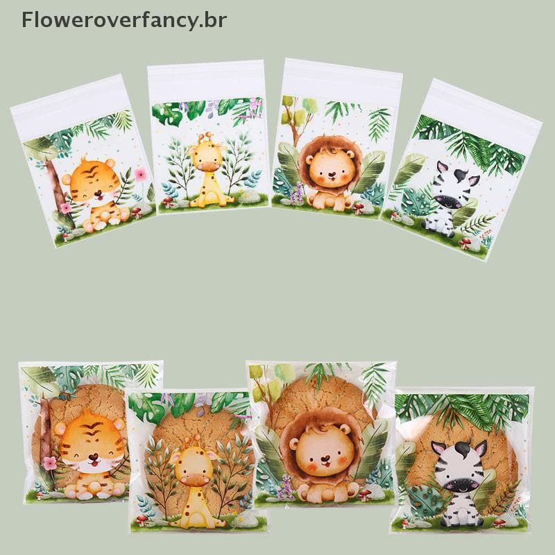 FFBR 50 Pçs/Saco Selva Animal Auto Vedação Sacos De Doces De Biscoitos Selvagem Um Safari Tema Decoração De Festa De Ani