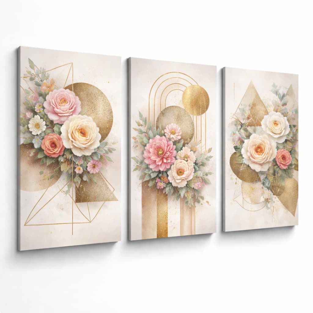 Kit Quadros Decorativos Floral Moderno Dourado 3 Peças Sala Quarto Luxo Parede MDF Alta Resolução Decoração 4K Premium