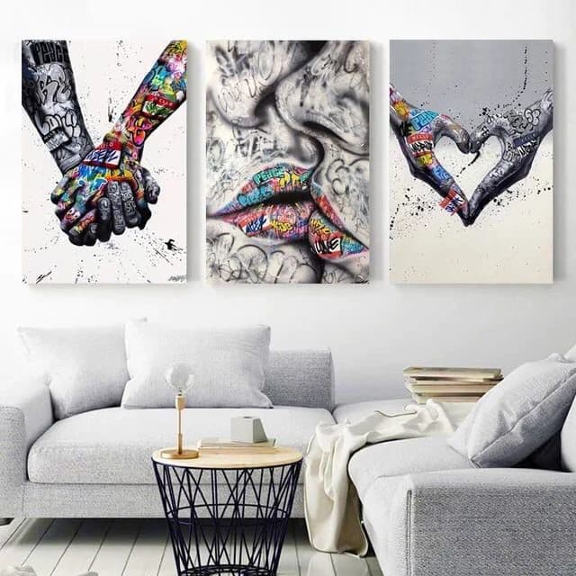 Quadro 3 peças  grafite beijos coração casal maos dadas decoração 40x60 3mm