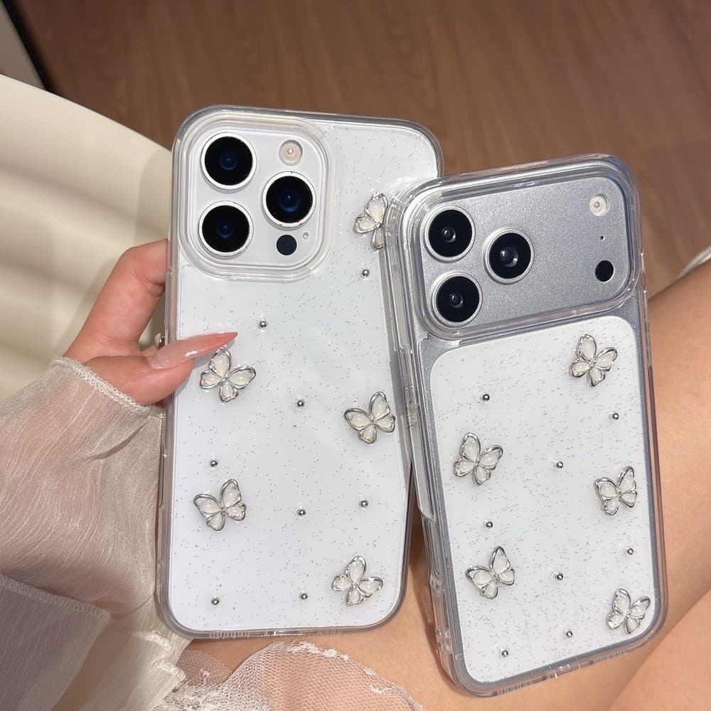 Cinco Borboleta Bling Lantejoulas Caso De Telefone Para iPhone 17 Ar 14 15 16 Plus 11 12 13 Pro Max Acrílico Claro Capa