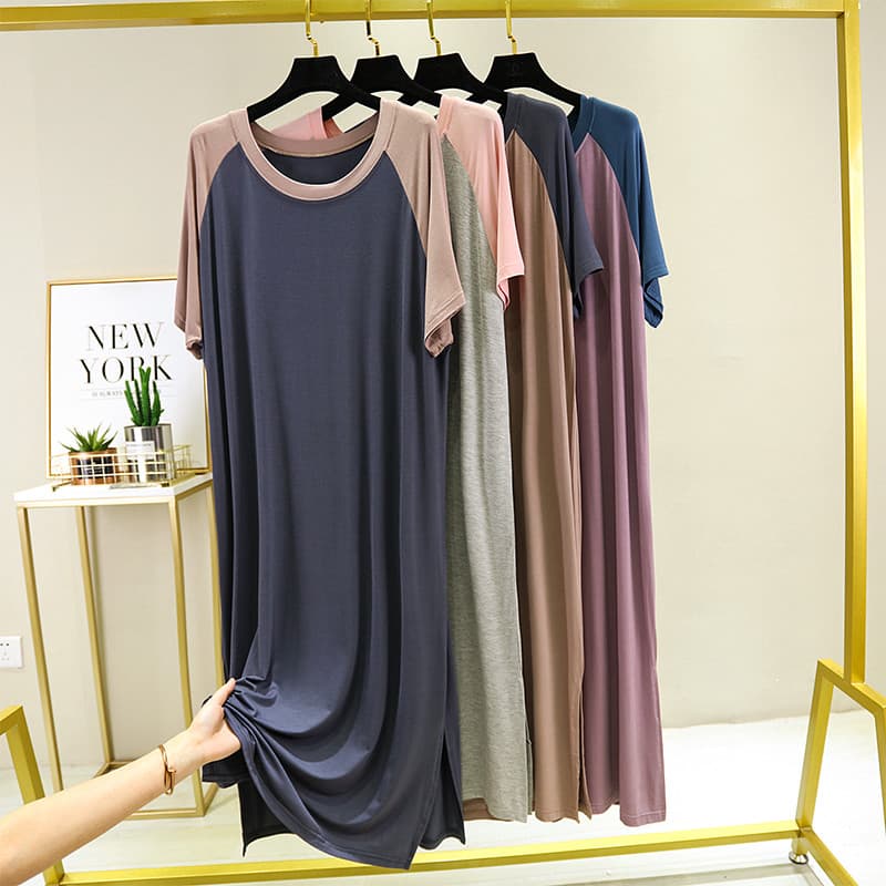 Estilo fino Modal camisola feminina máscara de verão Plus Size saia longa em torno do pescoço longo manga curta gordura