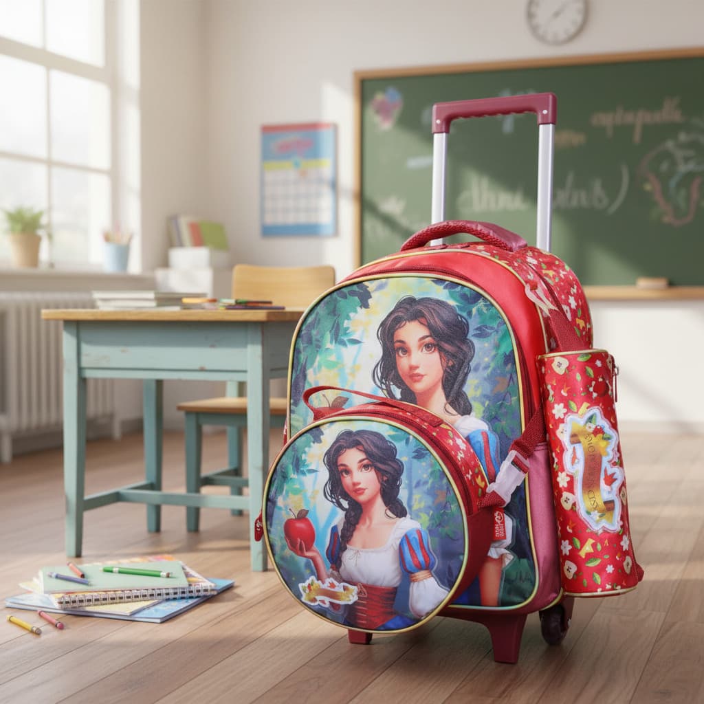 Kit Mochila De Rodinha Lancheira Estojo Escolar Grande Branca de Neve