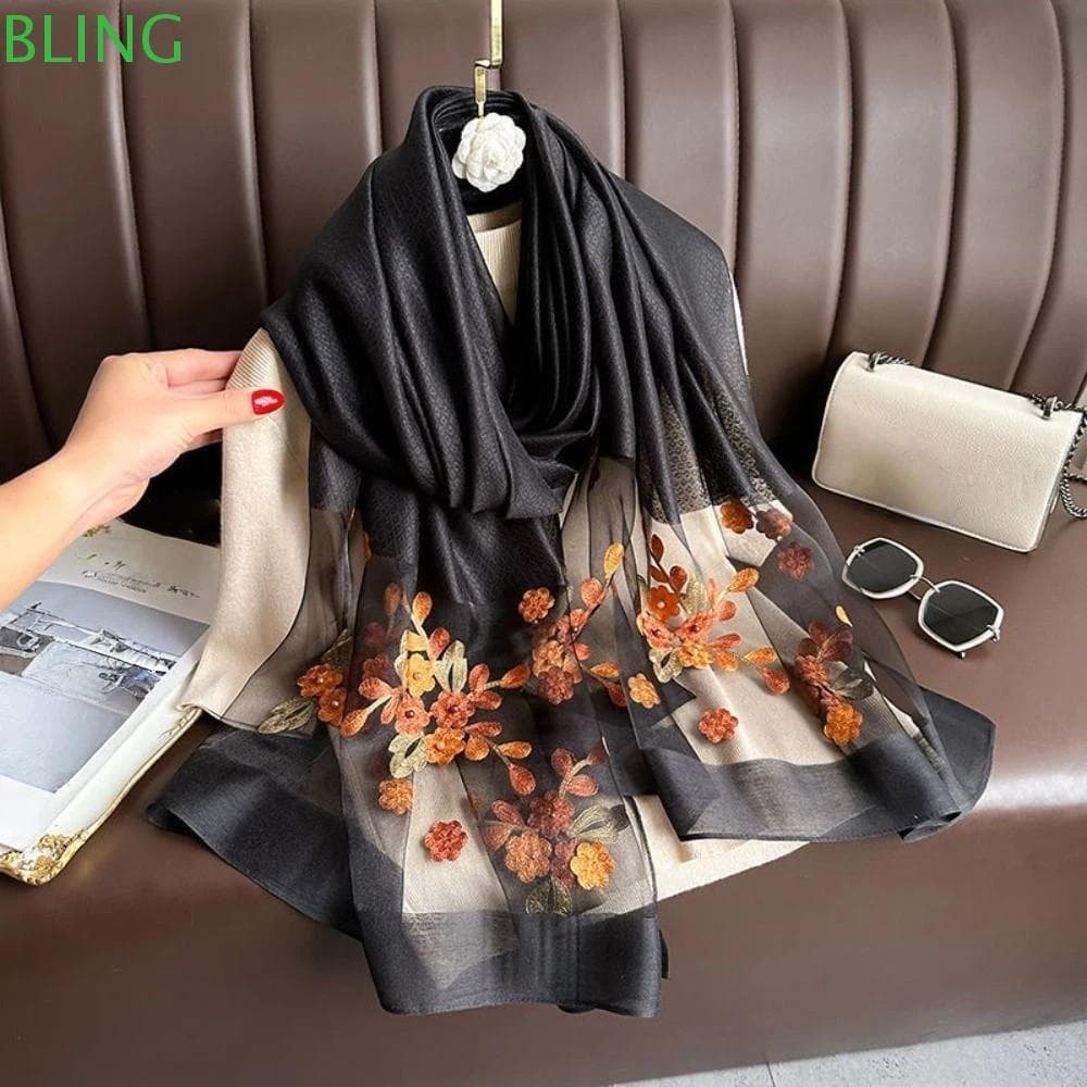 Lenço De Seda Elegante BLING , Xale De Cor Sólida Simulada Cabeça Macio E Fino Com Bordado Floral