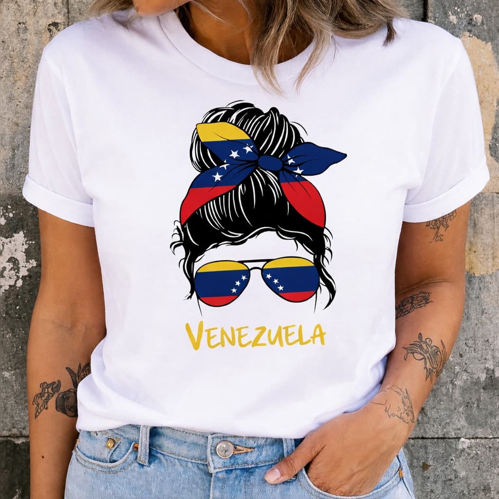 T-shirt Feminina Básica Estampada Bandeira Venezuela  Algodão Confortável