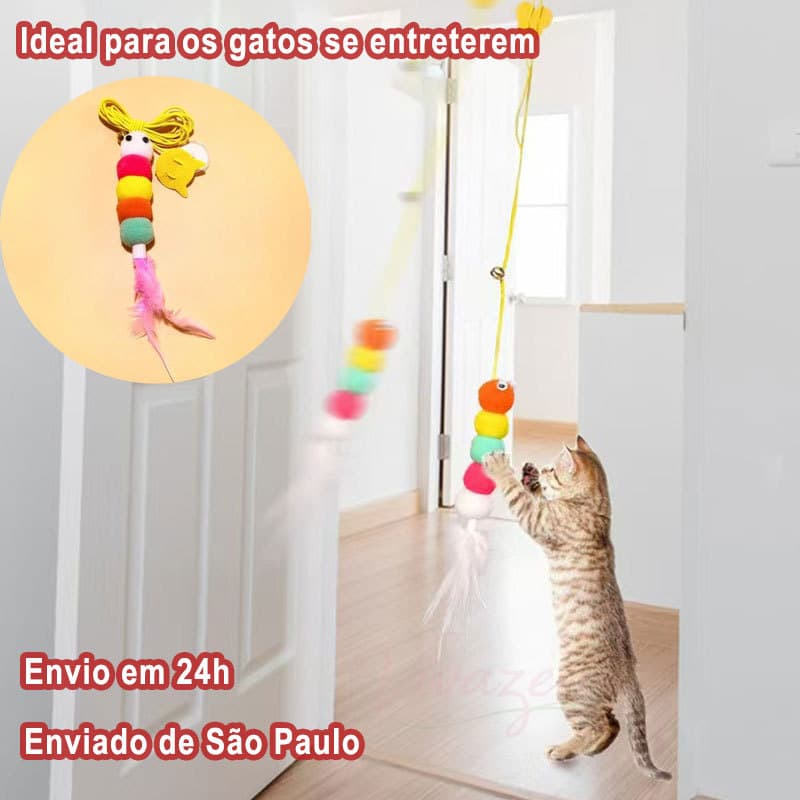 Brinquedo Interativo Gato Fixa Na Parede Teto Porta Guizo – Varinha De Penas Suspensa Diversão Automática E Balançando