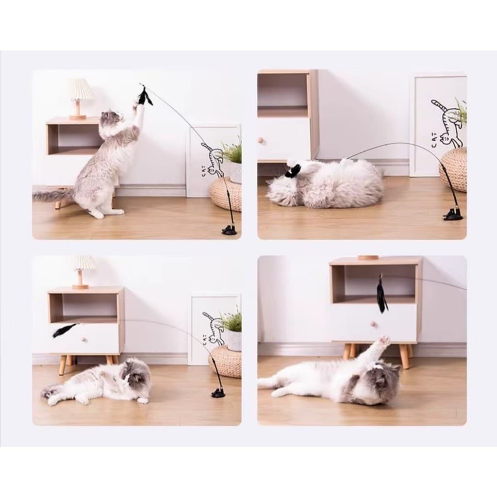 Brinquedo para Gatos com Pena e Sino, Varinha Longa com Ventosa, Antiestresse e Autodiversão
