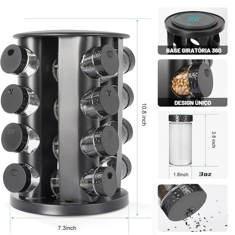 Potes de Tempero Vidro Preto 9/12/16cm, Tampa Inox Rotativa + Caneta Etiqueta para Cozinha