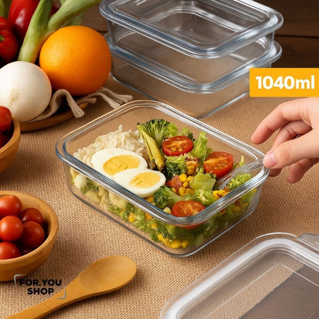 Kit 3 Potes de Vidro Herméticos 1040ml para Marmita Fitness Dieta Sem Vazamento Microondas