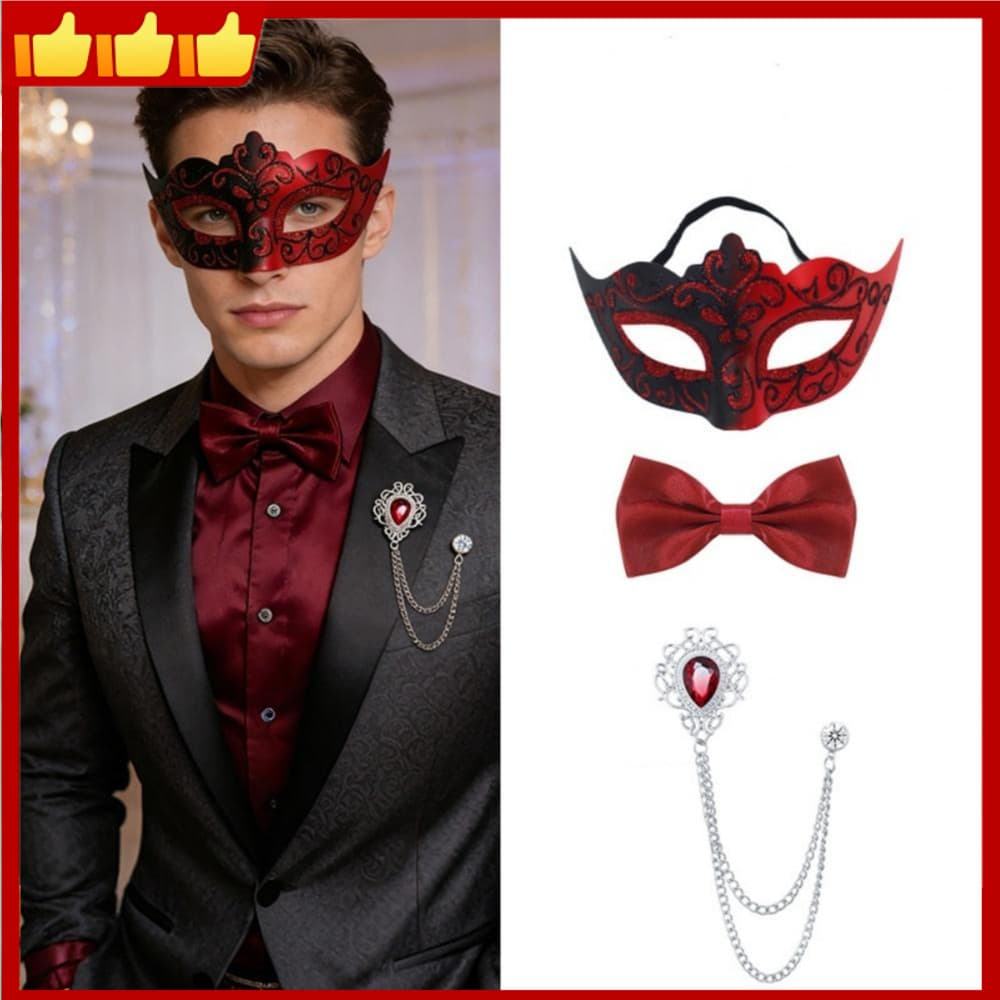 Conjunto De Festa De Máscaras Masculino , Máscara De Renda Vermelha Preta + Gravata Borboleta + Corrente De Broche , Ide
