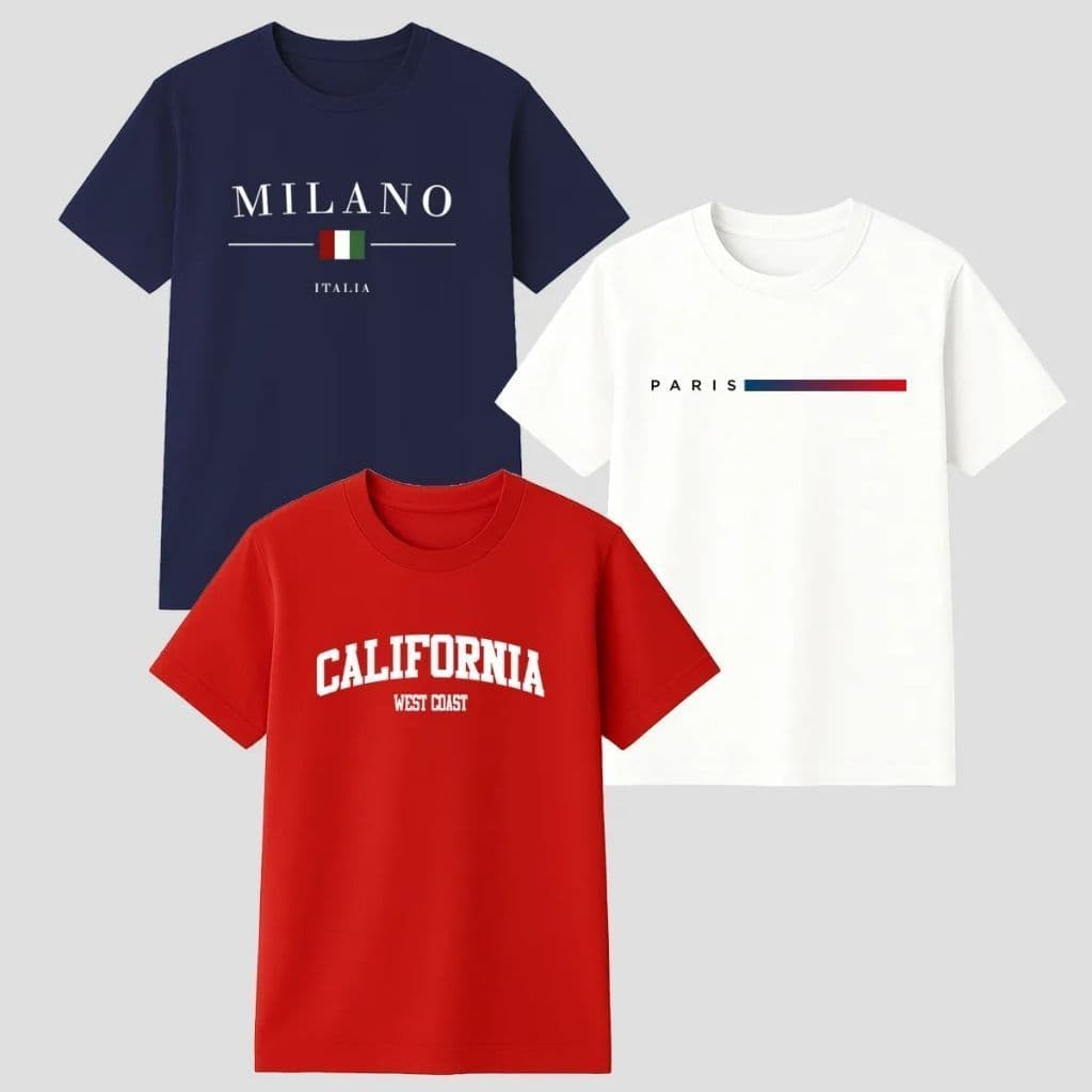 Kit 3 Camisetas Masculinas Milano, Paris e California Conforto e Economia 100% Algodão