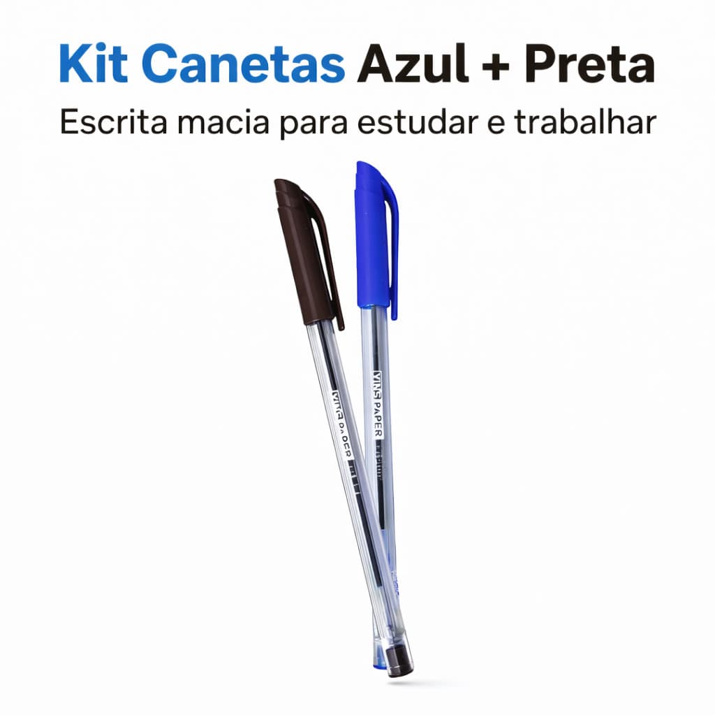 Kit 2 Caneta Azul e Preta Esferográfica Escrita Suave Escolar Escritório