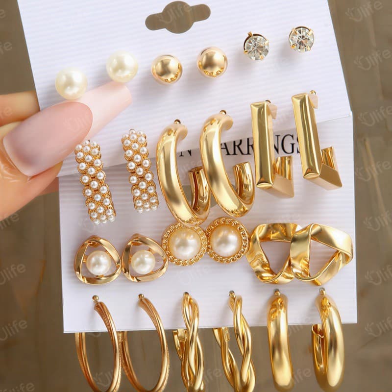 Conjunto Elegante Brinco Com Argola De Ouro Brincos De Pérola Para Mulheres Joias Acessórios