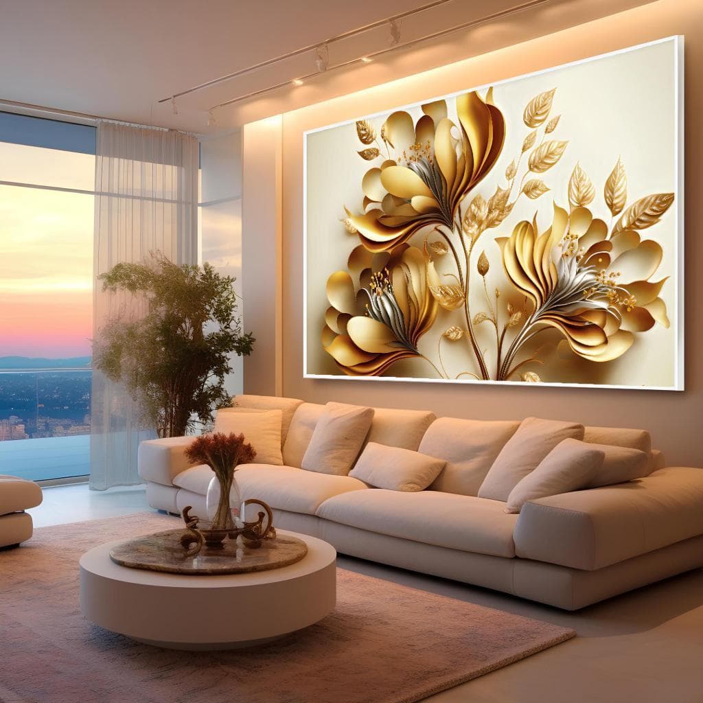 Quadro Decorativo Flores Amarelo Ouro Mosaico Sala Quarto Escritório.