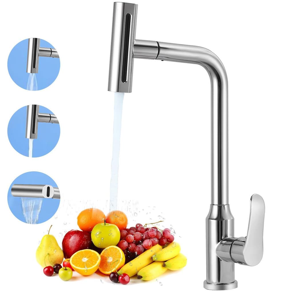Torneira Cozinha Cascata Gourmet Monocomando Inox Misturador Giratoria 360 Graus com 4 Modos de Jato Alta Pressao