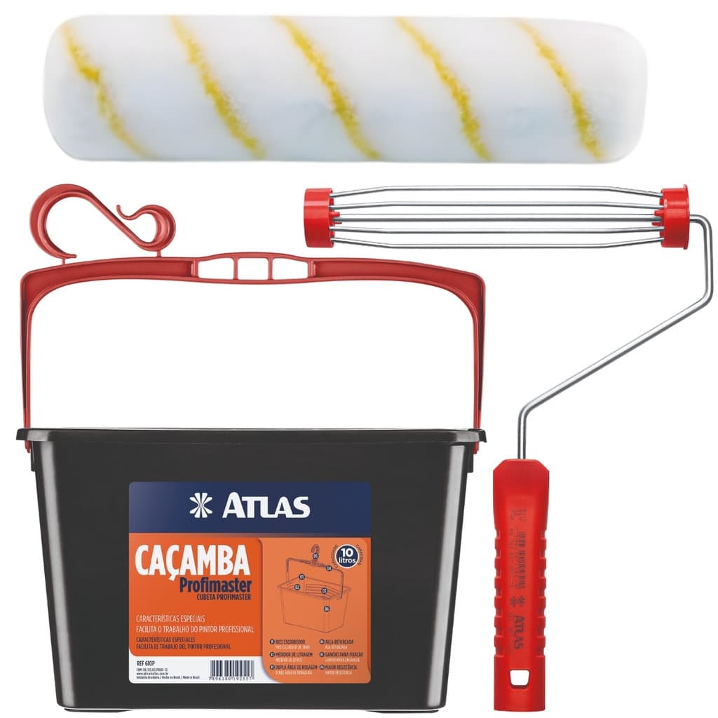 Kit Caçamba Balde para Pintura 10L Plástica com Alça Suporte Garfo e Rolo de Pintura 23cm Lã Poliamida Resistente
