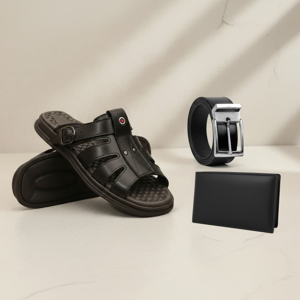 Kit Chinela Para Idoso Comfortavel Couro + Cinto + Carteira