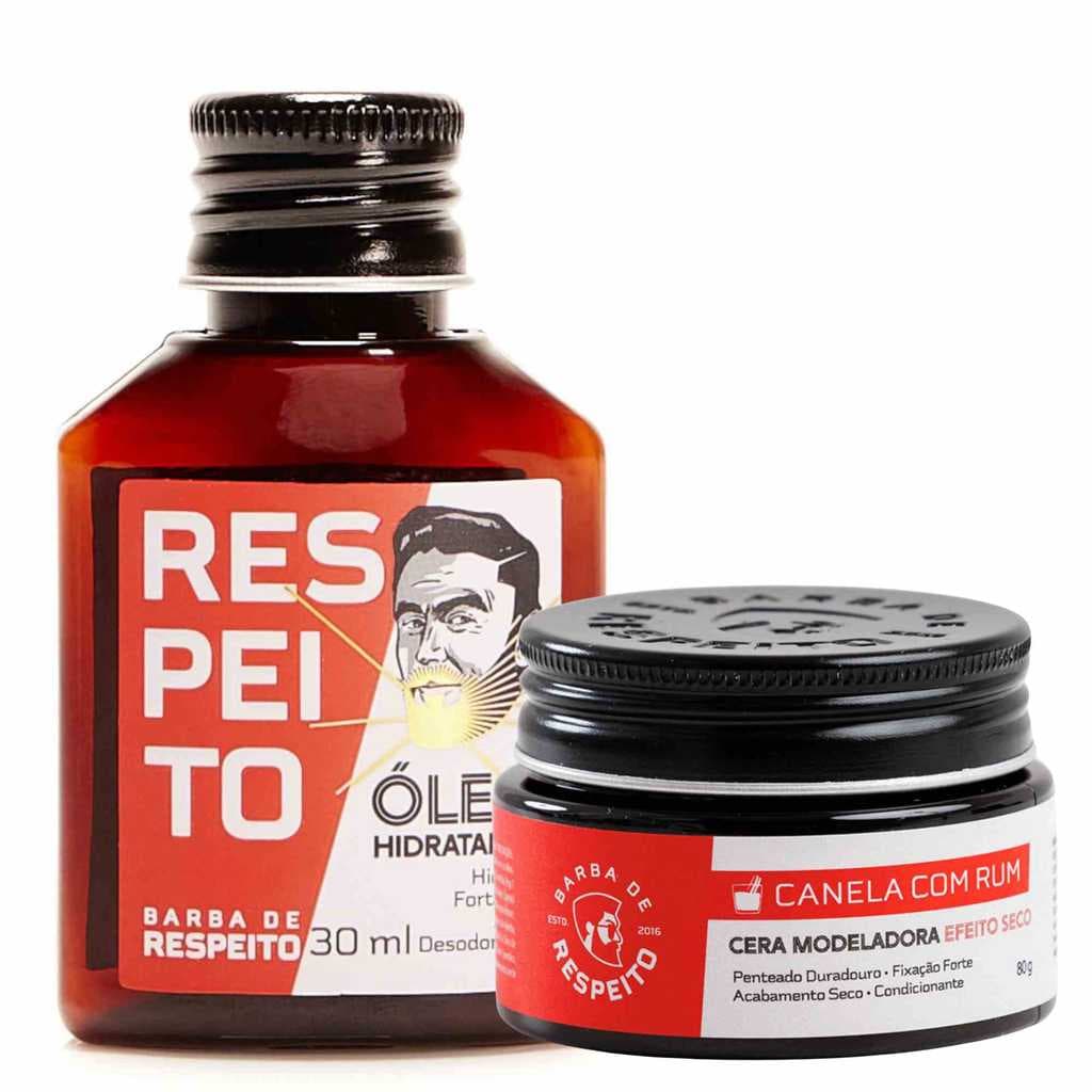 Kit Barba de Respeito Canela e Rum Óleo 30ml + Cera Modeladora 80g - Efeito Seco