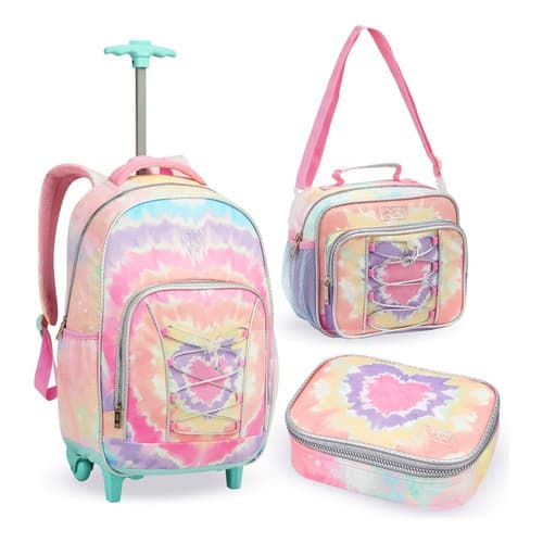 Kit Mochila Rodinha Lancheira Estojo Box Juvenil Just Tye Dye Rosa