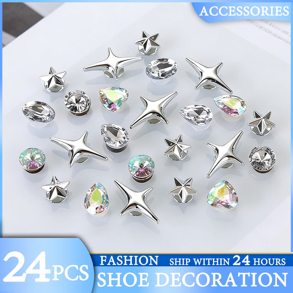 Charms de Sapatos 24pcs estrelas Acessórios Decorativos para Sandálias Pingente Botão e Alfinetes Para serem usados como