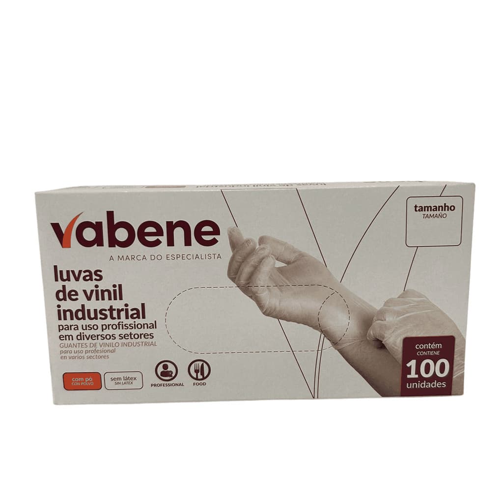 Luva Vinil Industrial Com Pó Vabene Transparente 100un - Ambidestra para Limpeza Proteção Óleos Grax