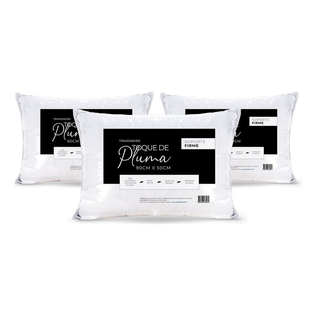 Kit 3 Travesseiro 90x50 Premium Toque De Pluma Firme Antialérgico Grande Confortável