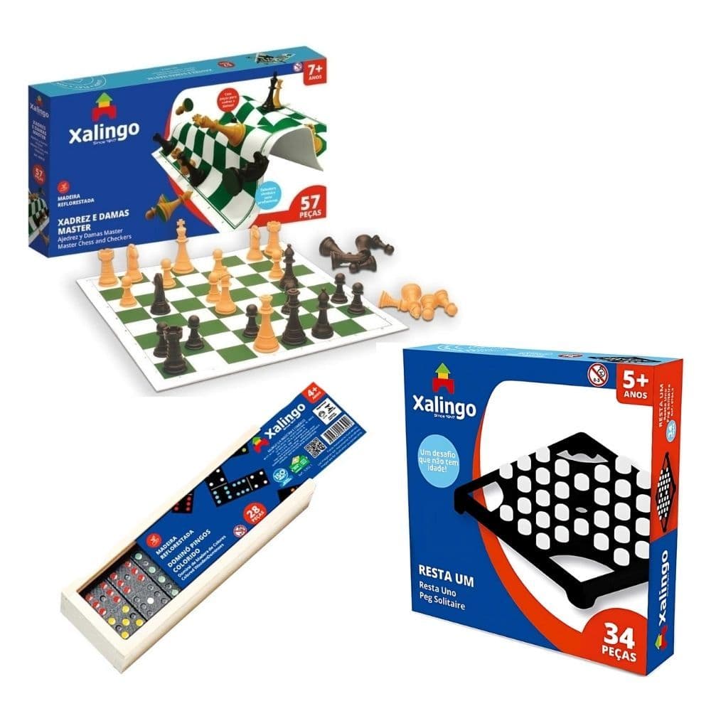 Kit 3 Jogos Clássicos Xalingo: Dominó + Xadrez e Dama + Resta 1