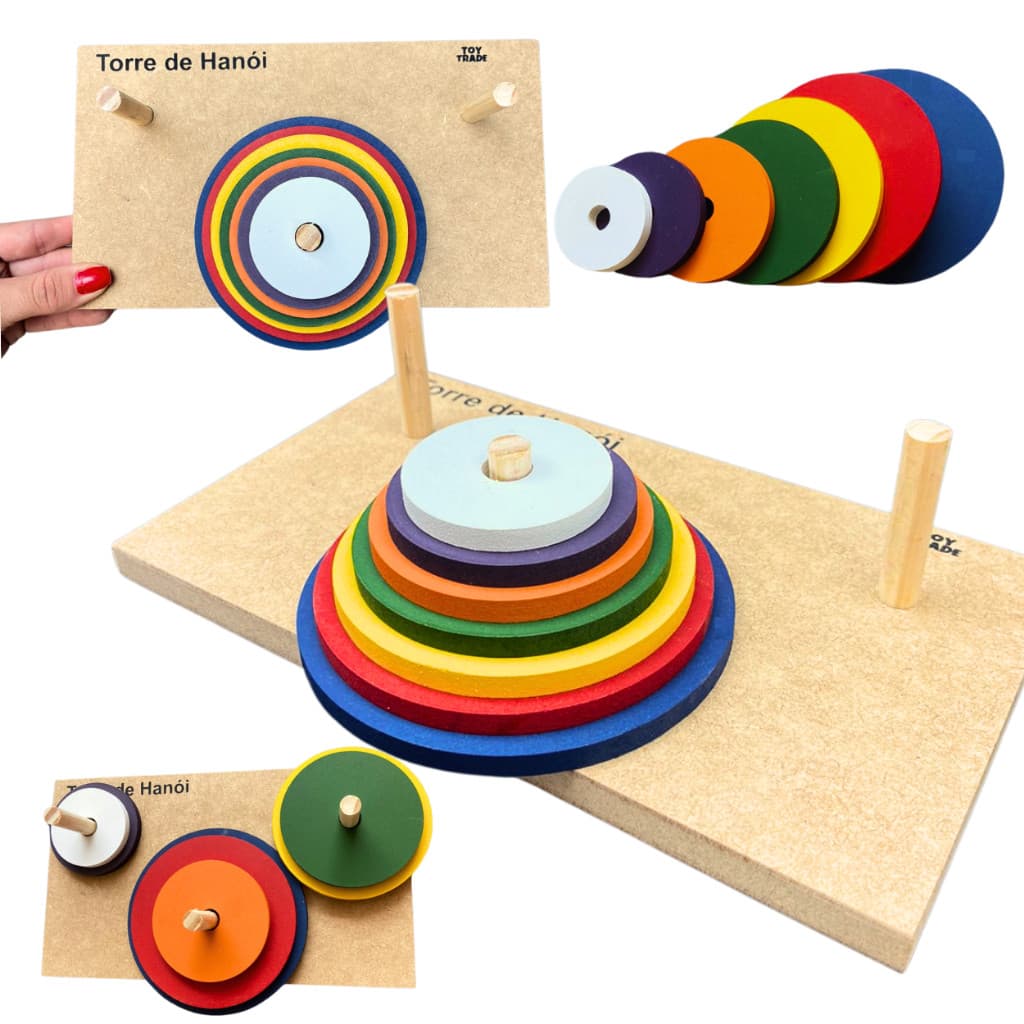Torre de Hanoi Colorida com 7 peças Quebra Cabeça Desafio Brinquedo Educativo Toy Trade Jogo Premium