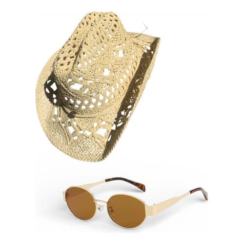 Kit Chapéu Country Palha Vazado E Óculos Oval Dourado Verão