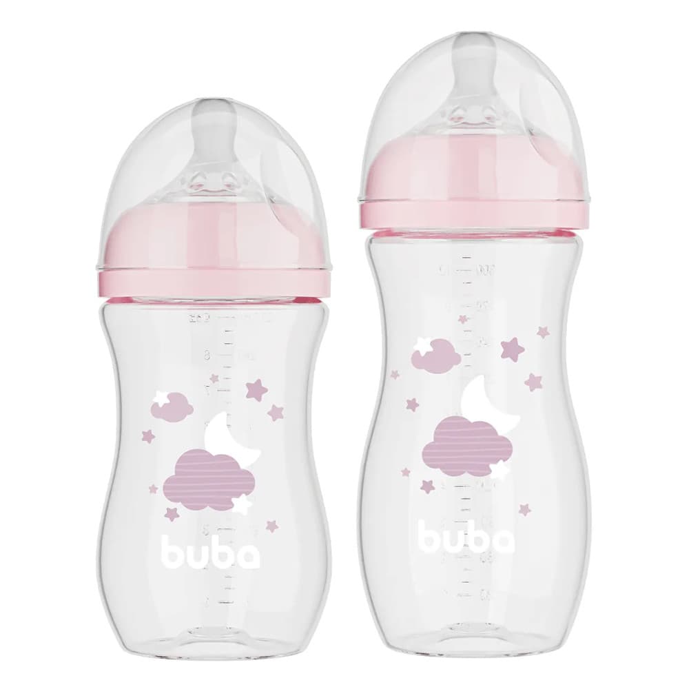 Kit C/2 Mamadeiras Easy Flow BUBA 270ml e 330ml Nuvem Rosa