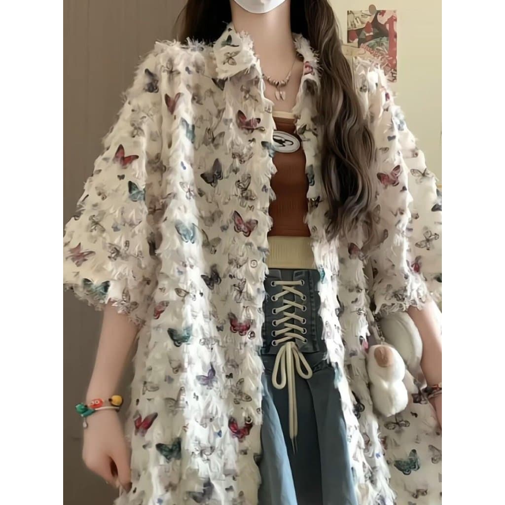 Design nicho solto capa barriga borboleta camisa de manga curta Plus Size roupas femininas gordura mm verão comprimento