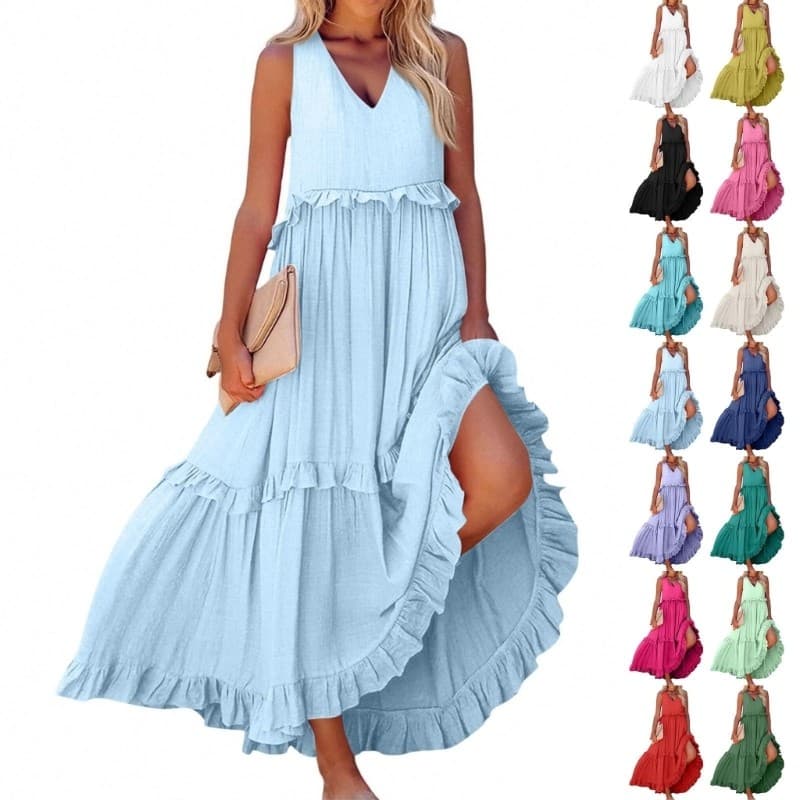 Vestidos De Chumbo Para Mulheres , Vestido Maxi Casual Com Decote Em V Solto E Fluido Babados Bolsos